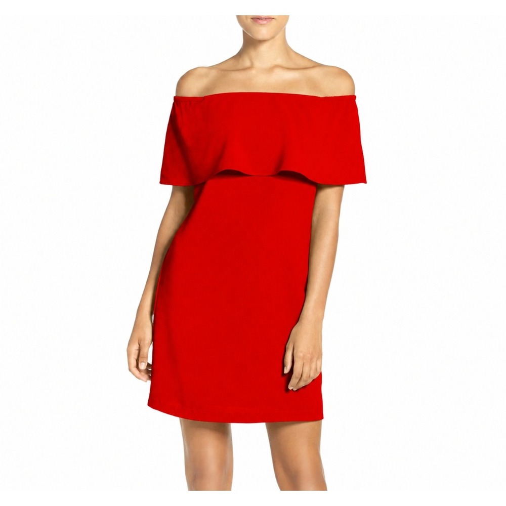NWT Charles Henry Off Shoulder Dress Womens M Red Crepe Flounce Party - Picture 2 of 9